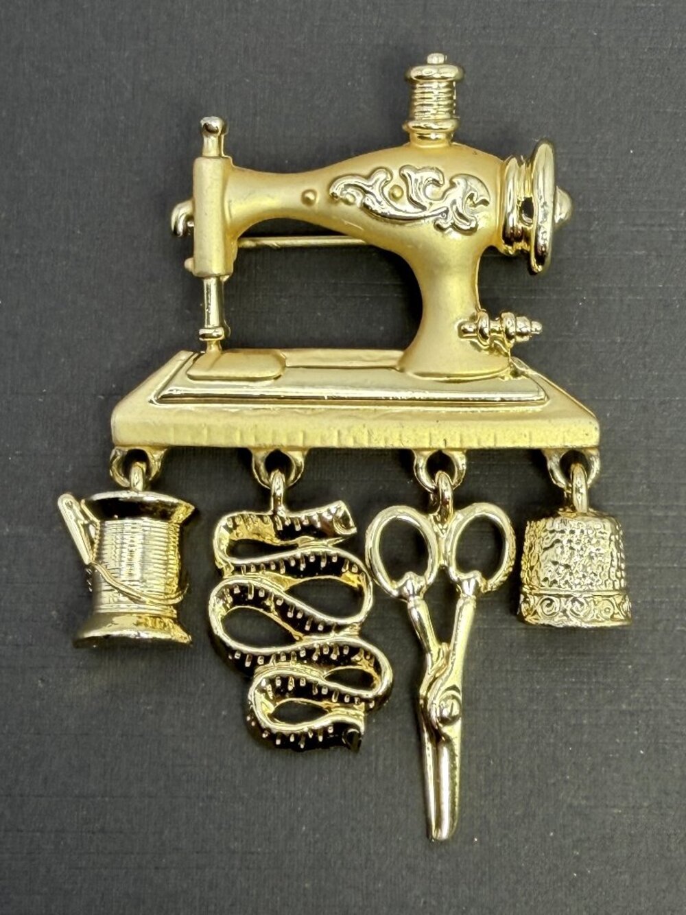 Vintage AJC Sewing Machine Brooch Dangle Scissors Thimble Tape Measure Pin